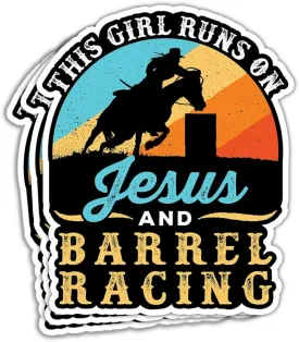 (3in - 3Pcs) This Girl Runs On Jesus and Barrel Racing Sticker Funny Barrel Race Sticker Cowgirl Gift Decoration Graphic for Tumbler Journal Wall Helmet Bumper