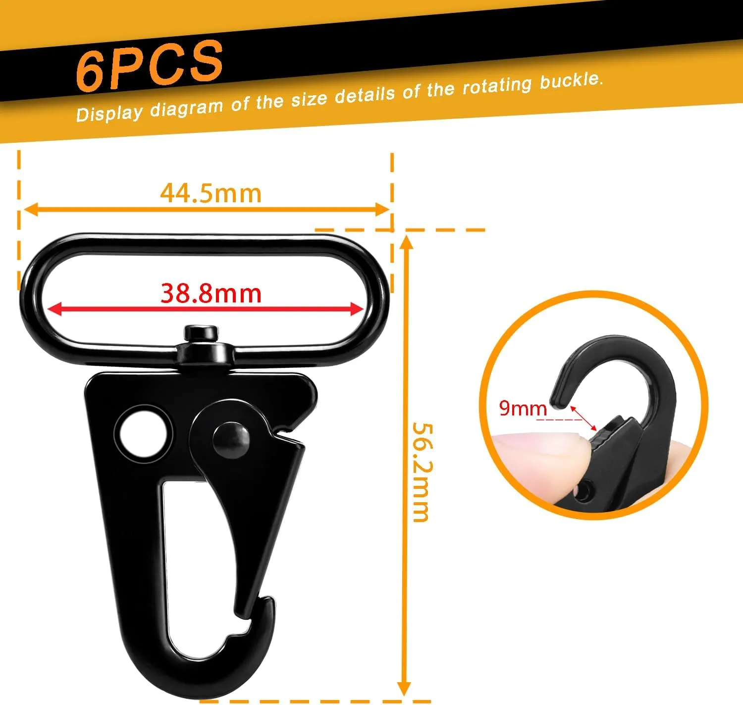 6 Pack Paracord Lanyard Accessories 1-1/2" Rifle Sling Clips Metal Swivel Snap Hook Keychain Carabiner Key Chain for Keyrings (Black)