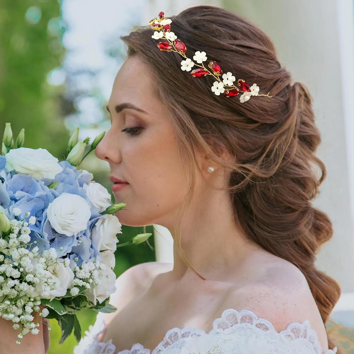 BETITETO Bridal Crystal Flower Headband Wedding Rhinestone Pearl Floral Hair Vine Headpiece Accessories for Women Girls (Wine Red Crystal Gold Vine)