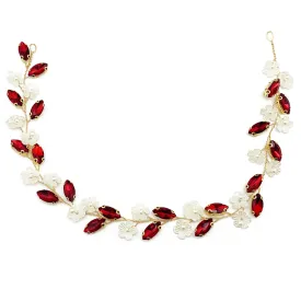 BETITETO Bridal Crystal Flower Headband Wedding Rhinestone Pearl Floral Hair Vine Headpiece Accessories for Women Girls (Wine Red Crystal Gold Vine)