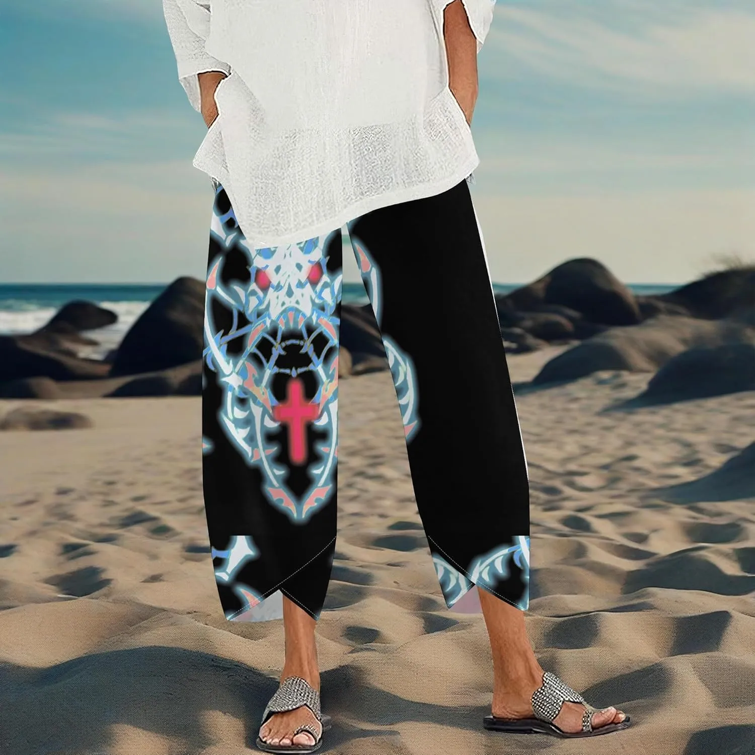 Capris Pants for Women 2025 Summer Printed Baggy Cropped Wide Leg High Elastic Waist Trousers Beach Vacation Pant