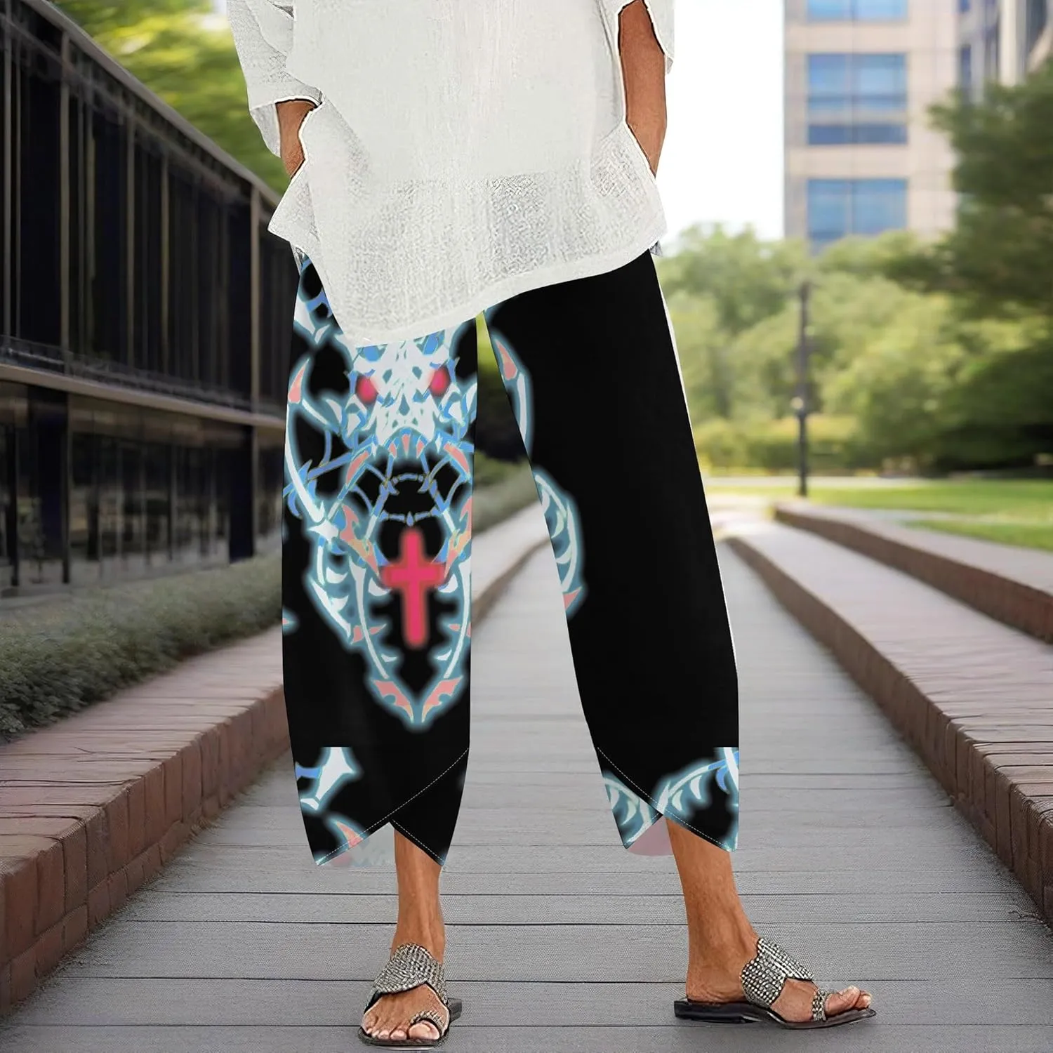 Capris Pants for Women 2025 Summer Printed Baggy Cropped Wide Leg High Elastic Waist Trousers Beach Vacation Pant