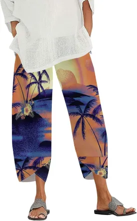 Capris Pants for Women 2025 Summer Printed Baggy Cropped Wide Leg High Elastic Waist Trousers Beach Vacation Pant
