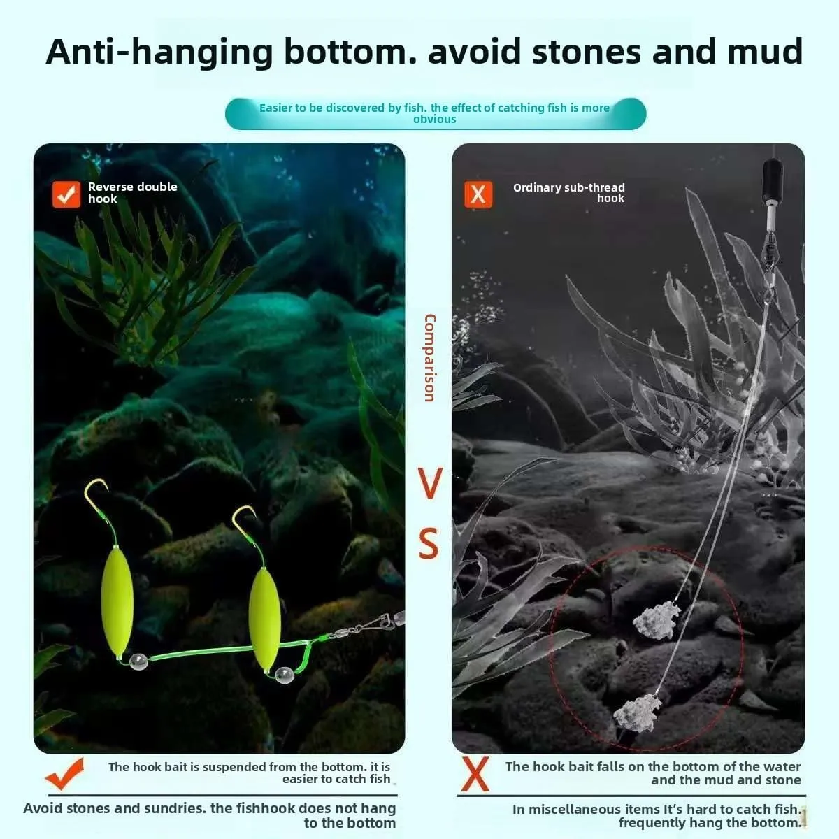 Double Reverse Fishing Hook Set for Surf Fishing Fishing Saltwater Float for Offshore Big Game Freshwater Saltwater Swimming Bait, Freely Floating, Avoid Water, Grasses, Stones and Mud