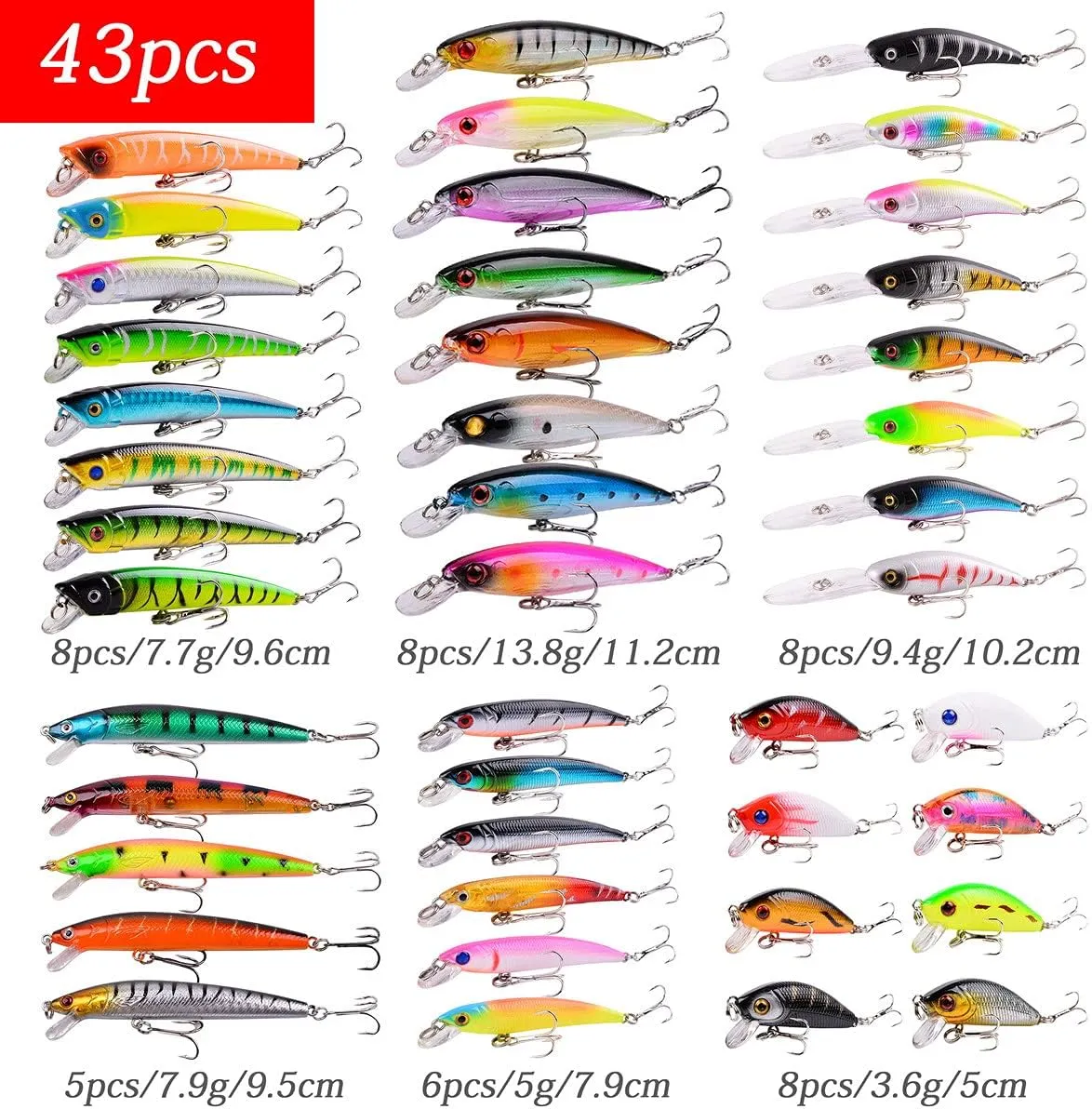 Fishing Lures Kit Mixed Including Minnow Popper Crank Baits with Hooks for Saltwater Freshwater Trout Bass Salmon Fishing