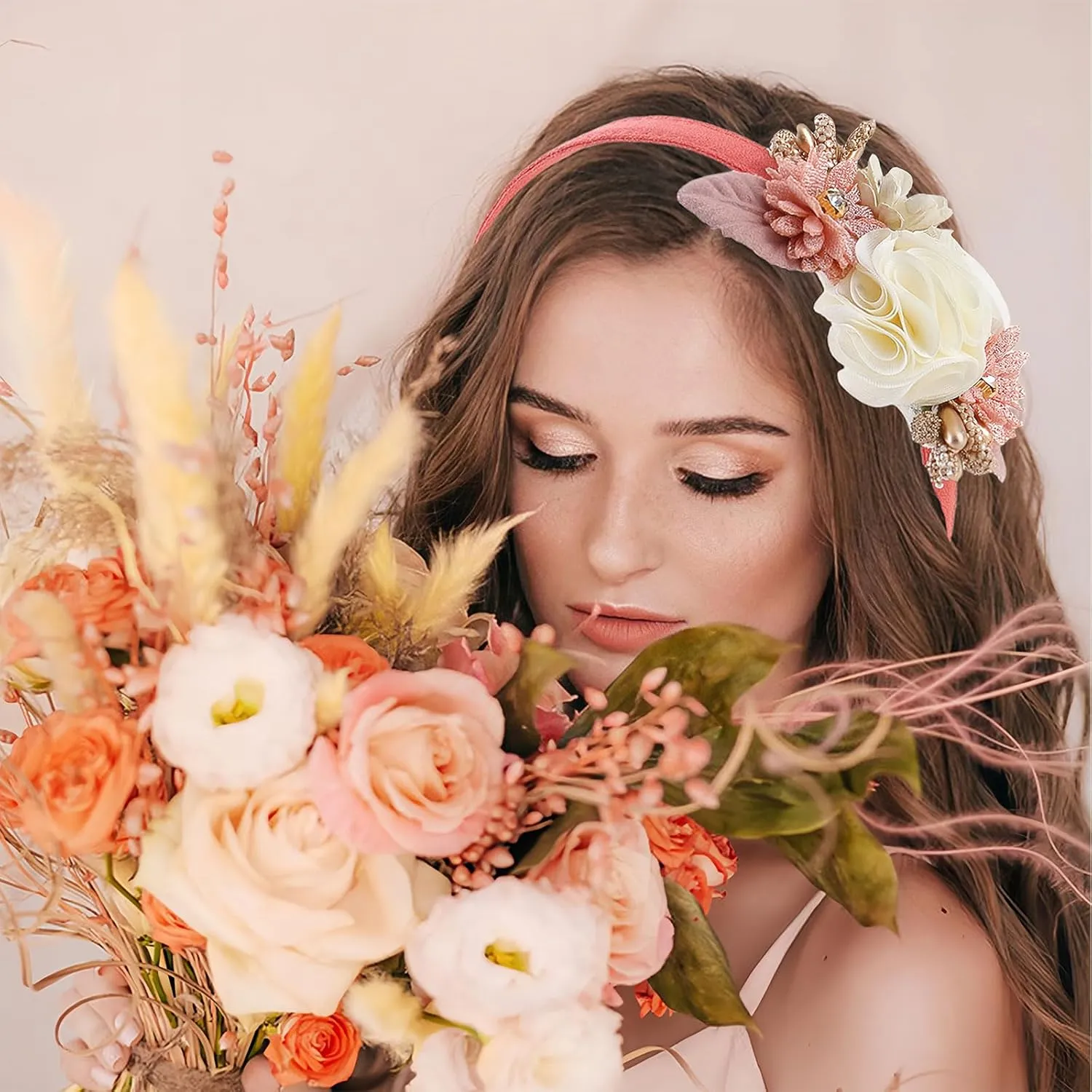 Flower Headband Spring Summer Hair Accessories for Women Girls, Pink White Rose Flowers Hair Bands Diamond Elegant Decoration Headdress Party Wedding Supplies Non Slip Head Band 1 Pcs