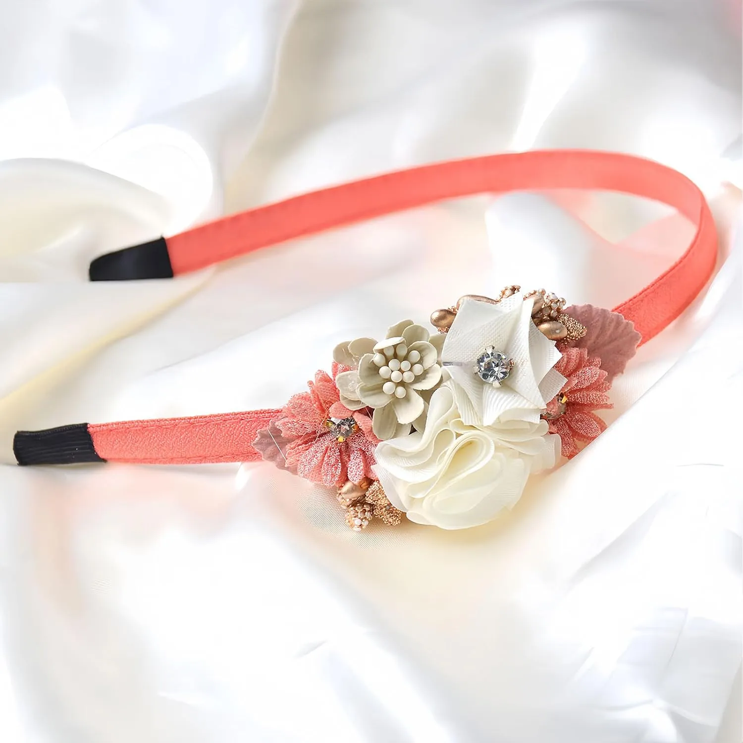 Flower Headband Spring Summer Hair Accessories for Women Girls, Pink White Rose Flowers Hair Bands Diamond Elegant Decoration Headdress Party Wedding Supplies Non Slip Head Band 1 Pcs