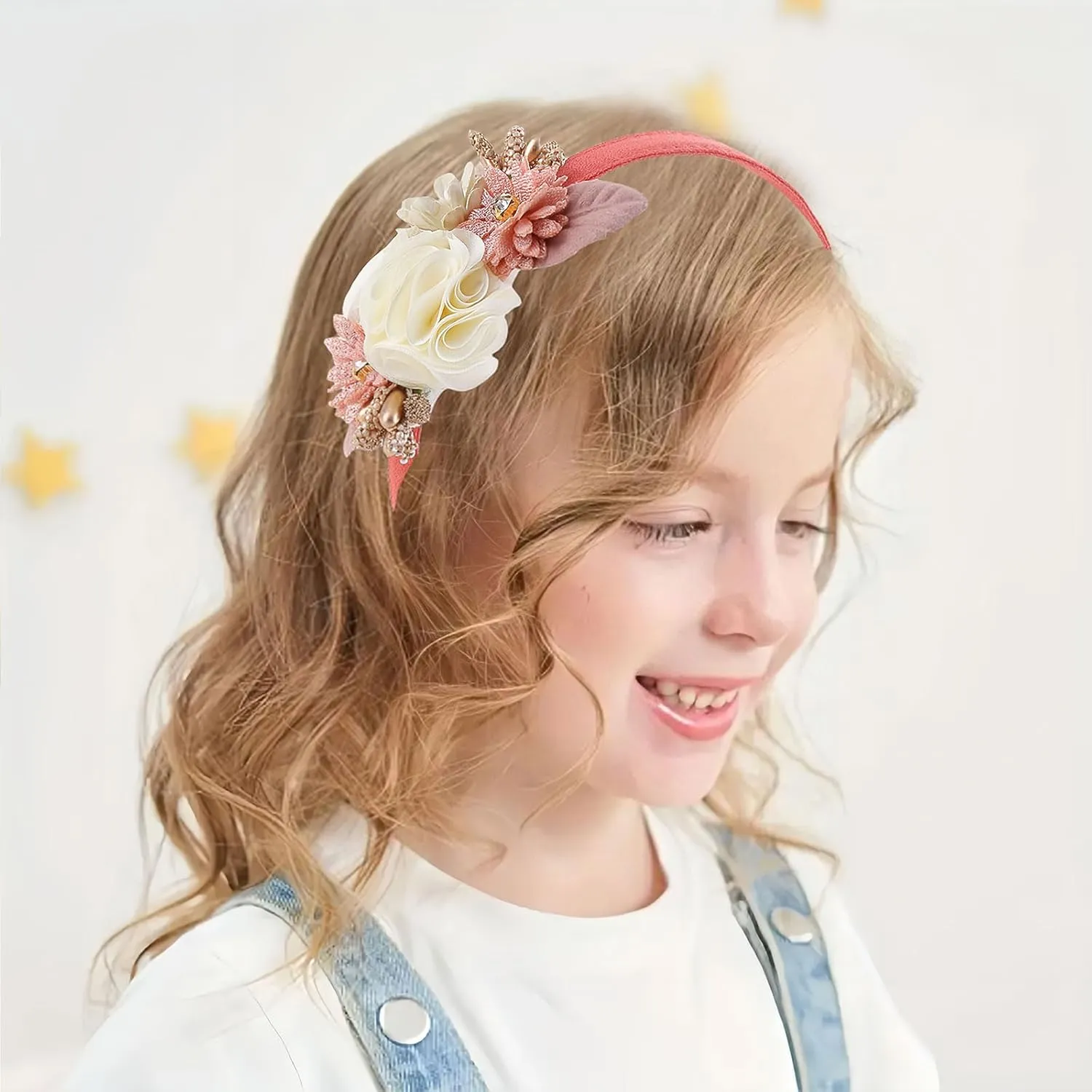 Flower Headband Spring Summer Hair Accessories for Women Girls, Pink White Rose Flowers Hair Bands Diamond Elegant Decoration Headdress Party Wedding Supplies Non Slip Head Band 1 Pcs