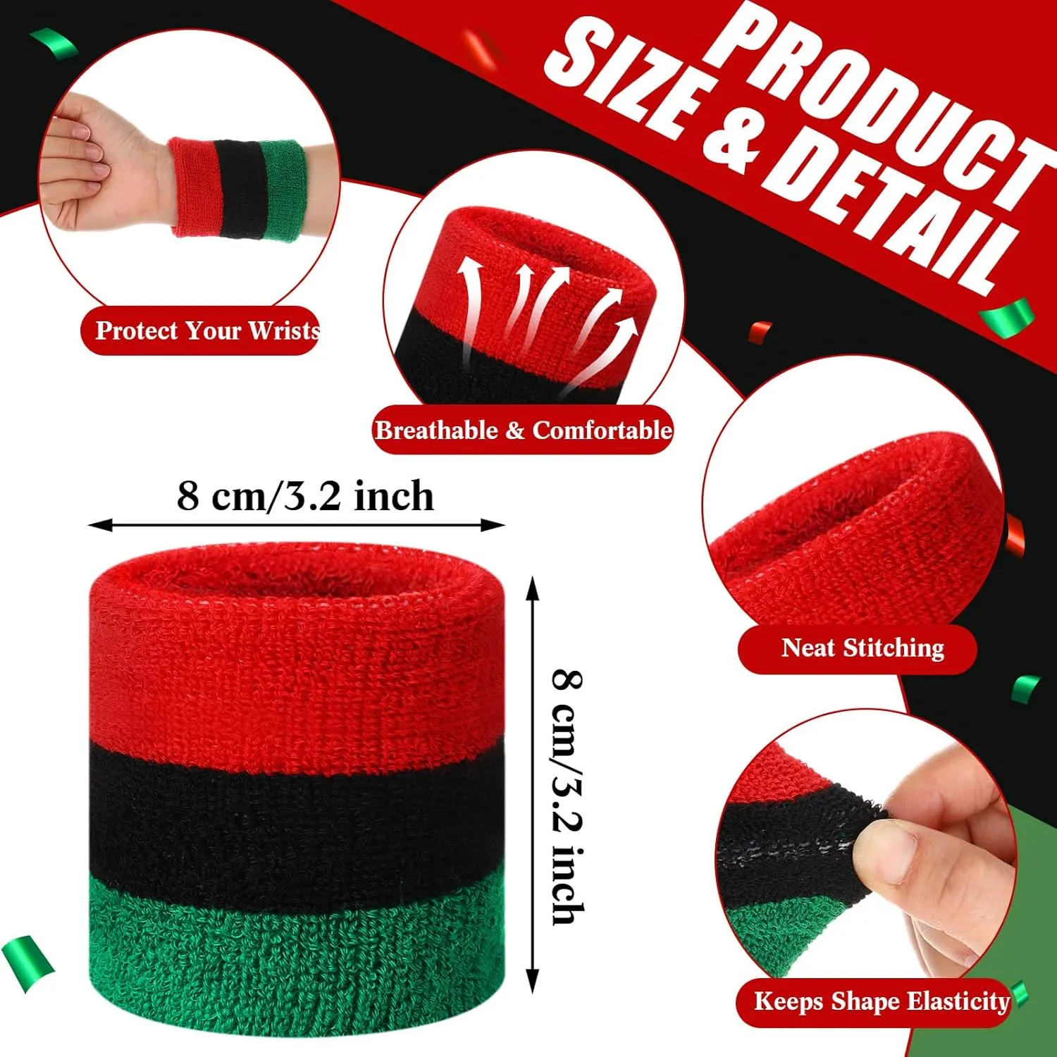 Geyoga 12 Pack Juneteenth Wristbands Sweatbands Bulk Juneteenth Bracelets Sweat Bands Men Women Green Black Red Wristbands for African Afro-American Festival Gifts
