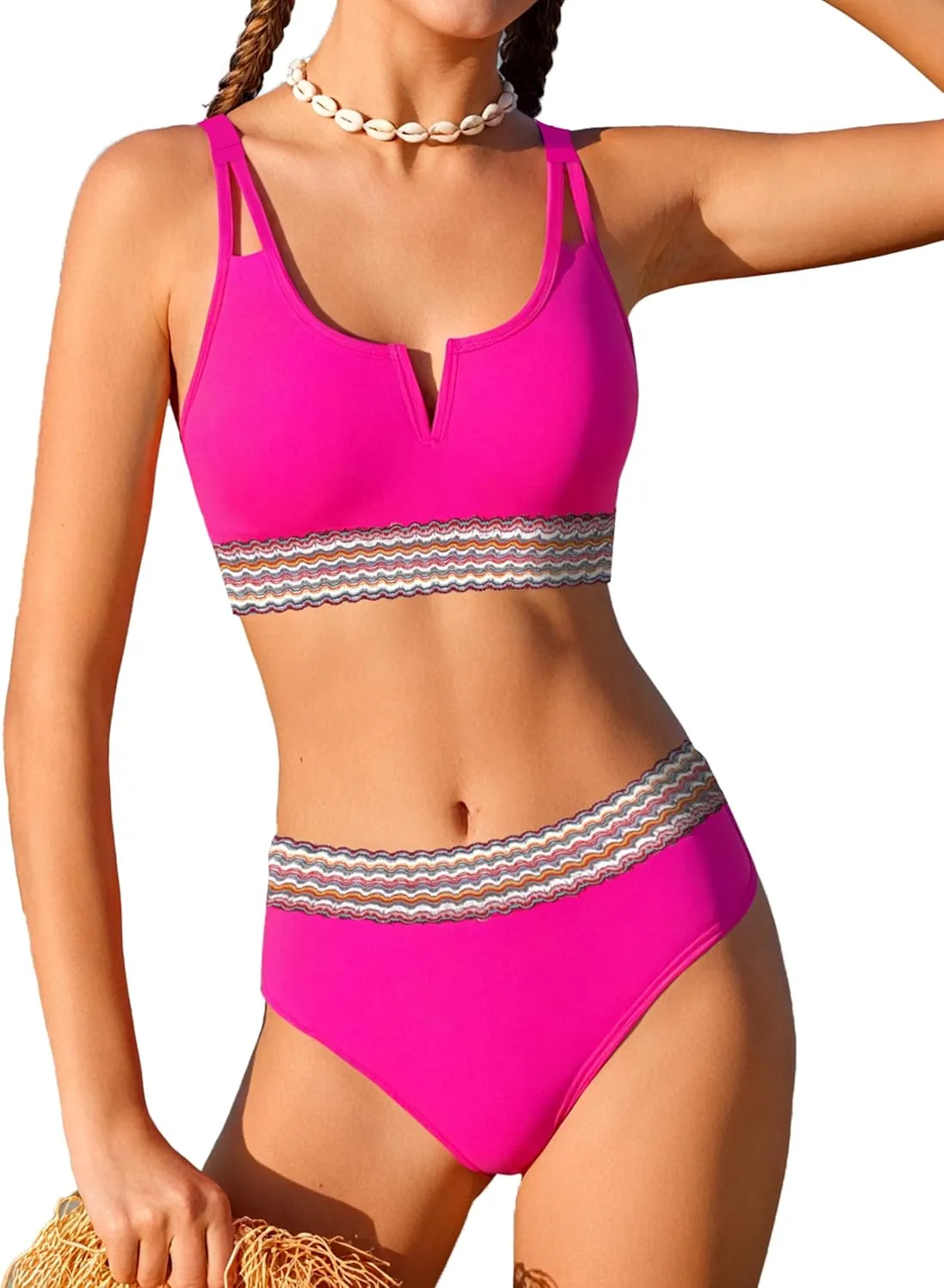 Girls Swimsuit High Waisted Bathing Suit for Girls V-Neck Cutout Two Piece Swimwear Color Block Welt Bikini Set 9-16y