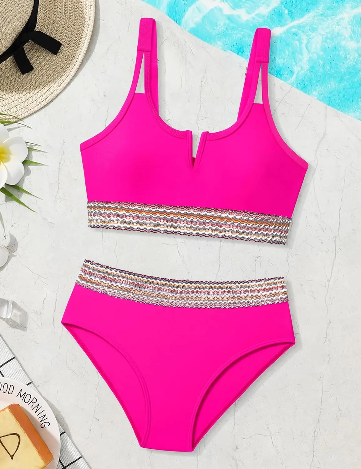 Girls Swimsuit High Waisted Bathing Suit for Girls V-Neck Cutout Two Piece Swimwear Color Block Welt Bikini Set 9-16y