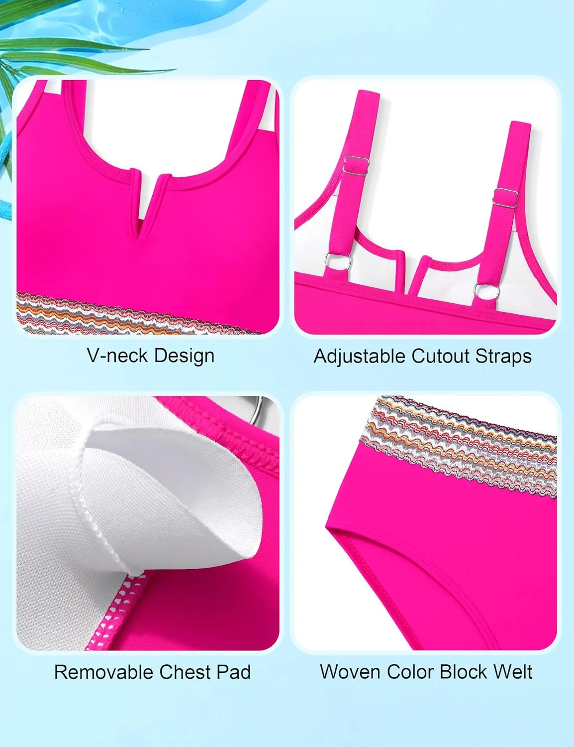 Girls Swimsuit High Waisted Bathing Suit for Girls V-Neck Cutout Two Piece Swimwear Color Block Welt Bikini Set 9-16y