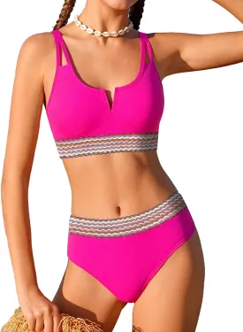 Girls Swimsuit High Waisted Bathing Suit for Girls V-Neck Cutout Two Piece Swimwear Color Block Welt Bikini Set 9-16y