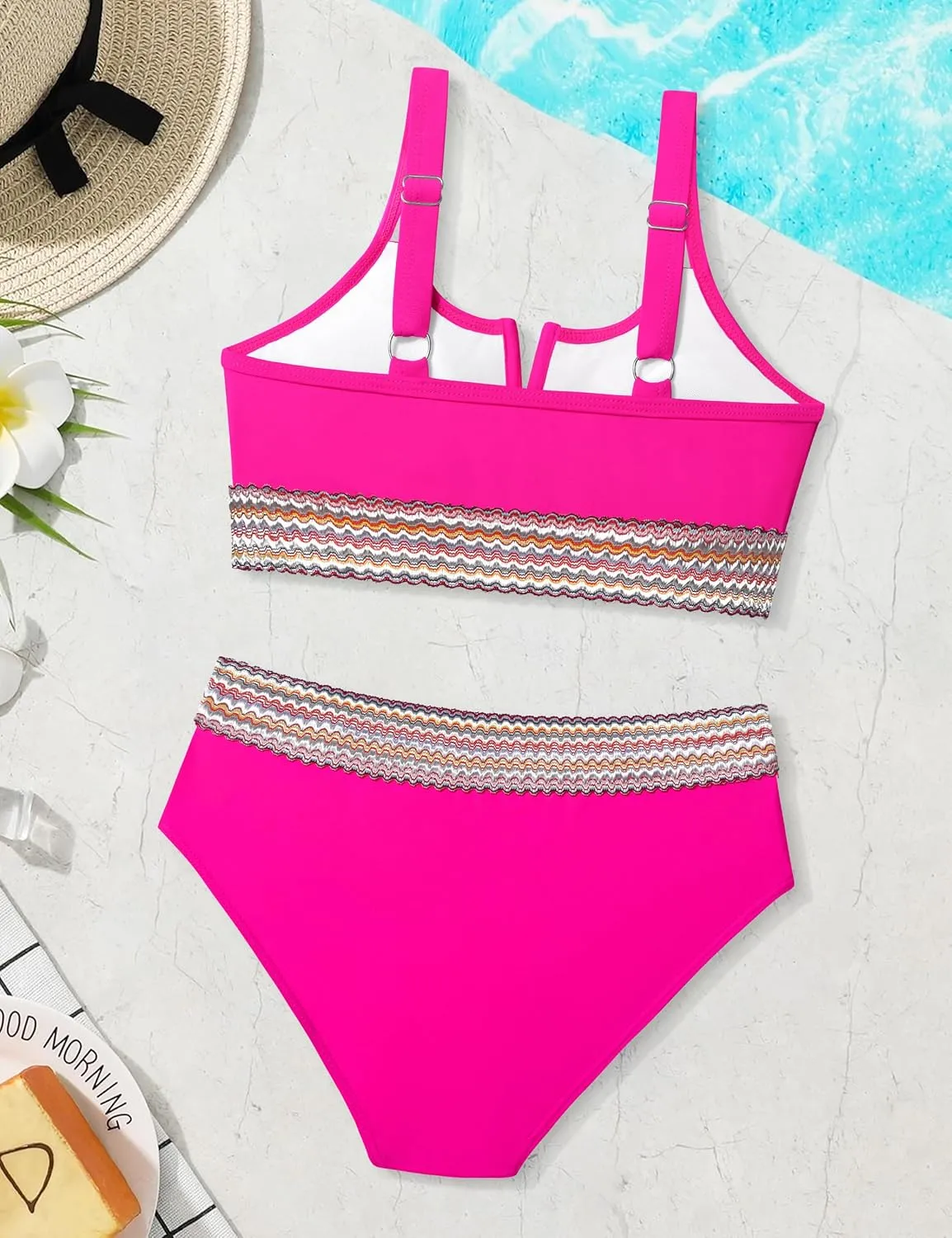 Girls Swimsuit High Waisted Bathing Suit for Girls V-Neck Cutout Two Piece Swimwear Color Block Welt Bikini Set 9-16y