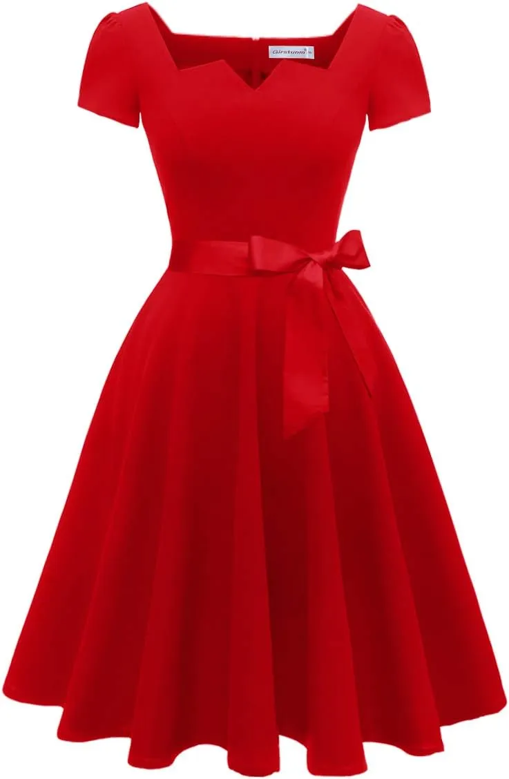 Girstunm Women's Classic Tea Dress Short Sleeve Swing Cocktail Party Dresses with Pockets