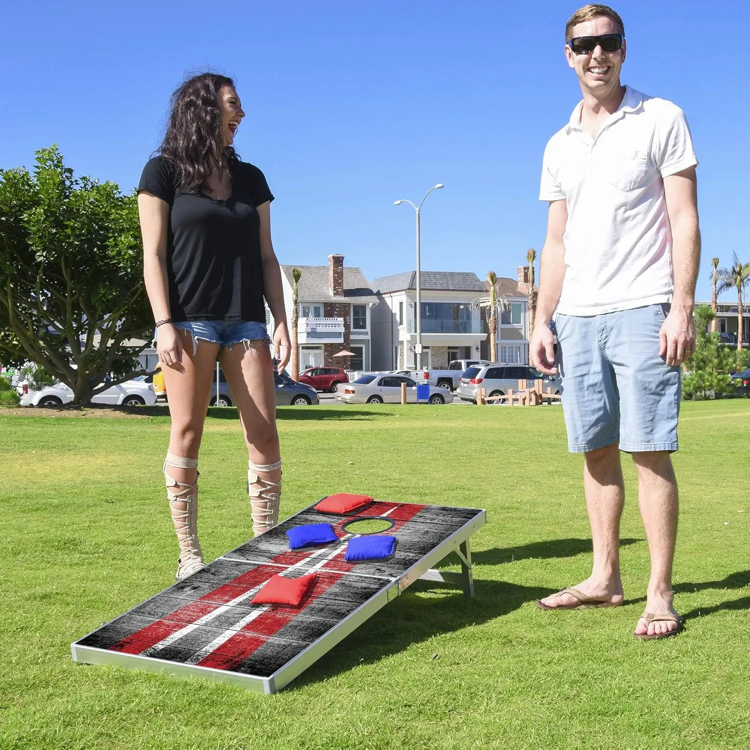 GoSports 4 x 2 ft Aluminum Cornhole Game Sets  Choose LED Lights or Standard - Set Includes 2 Foldable Regulation Size Boards, 8 Bean Bags, & Rules