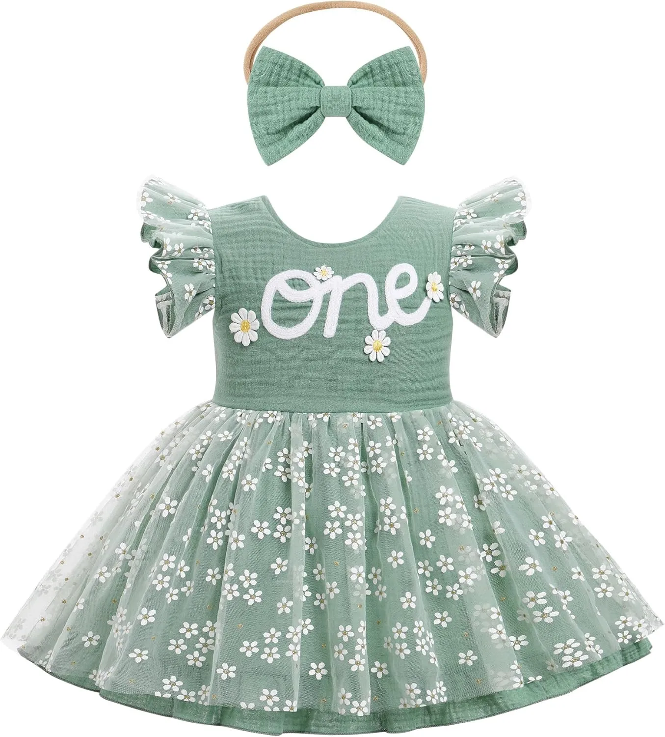 IMEKIS Baby Girls 1st Birthday Outfit Daisy Tulle Dress Headband Summer Ruffle Sleeve Cake Smash Photo Shoot