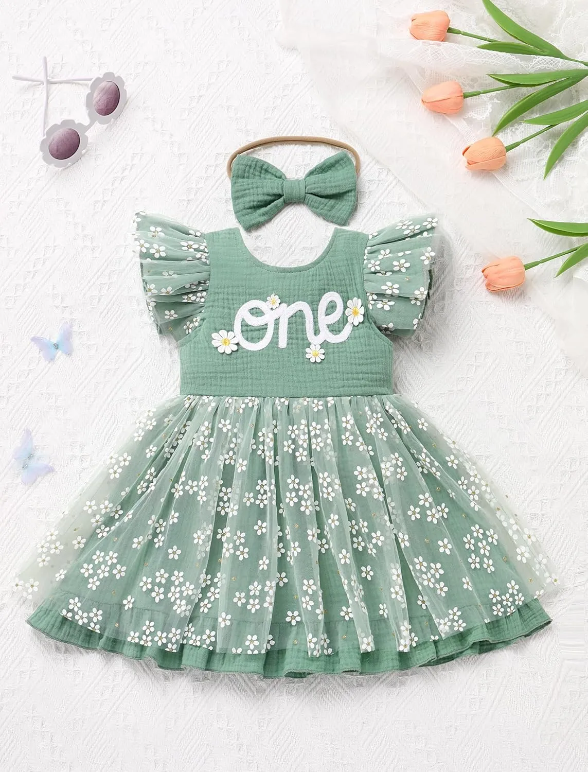 IMEKIS Baby Girls 1st Birthday Outfit Daisy Tulle Dress Headband Summer Ruffle Sleeve Cake Smash Photo Shoot