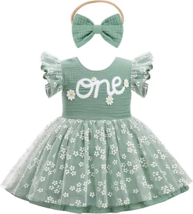 IMEKIS Baby Girls 1st Birthday Outfit Daisy Tulle Dress Headband Summer Ruffle Sleeve Cake Smash Photo Shoot