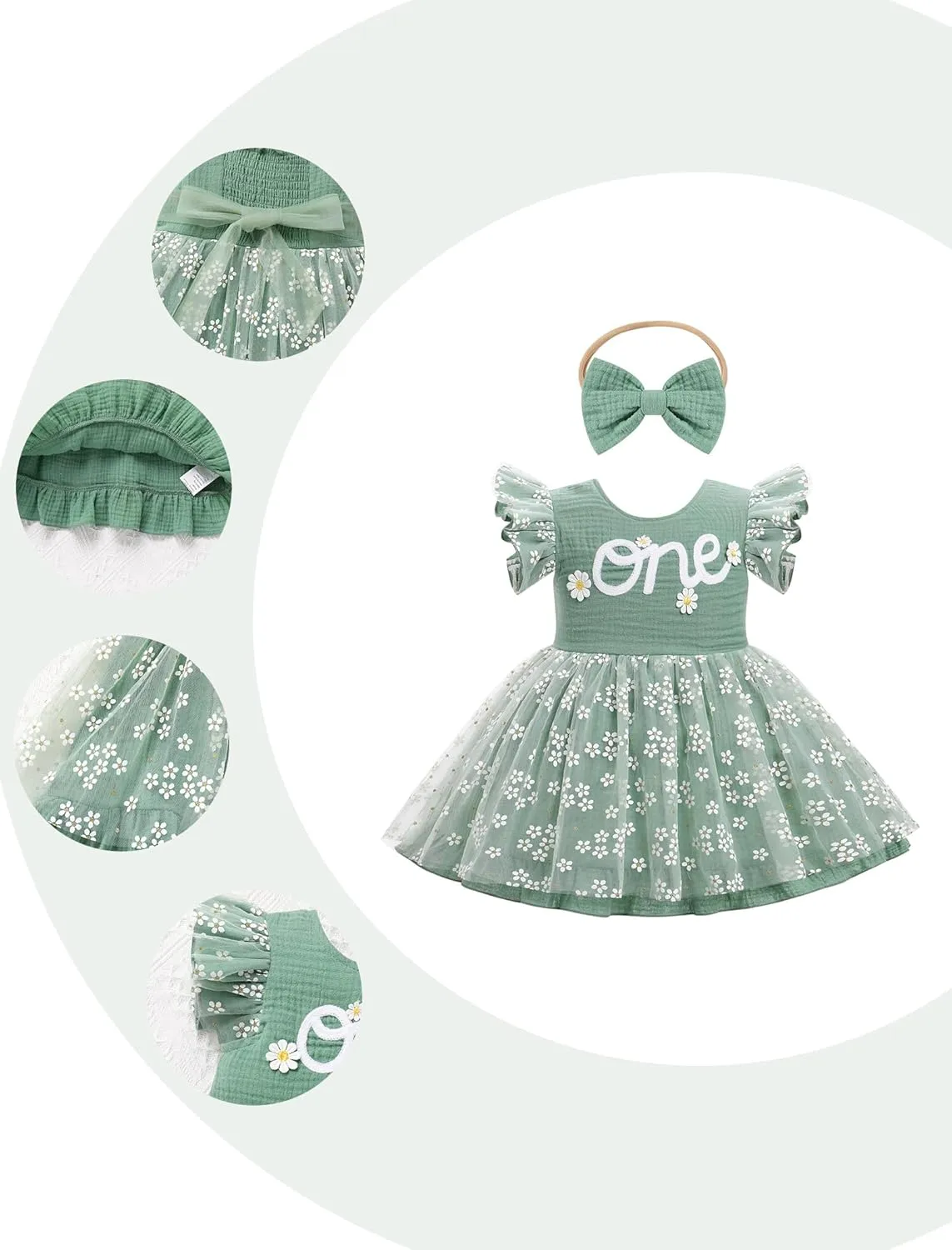 IMEKIS Baby Girls 1st Birthday Outfit Daisy Tulle Dress Headband Summer Ruffle Sleeve Cake Smash Photo Shoot