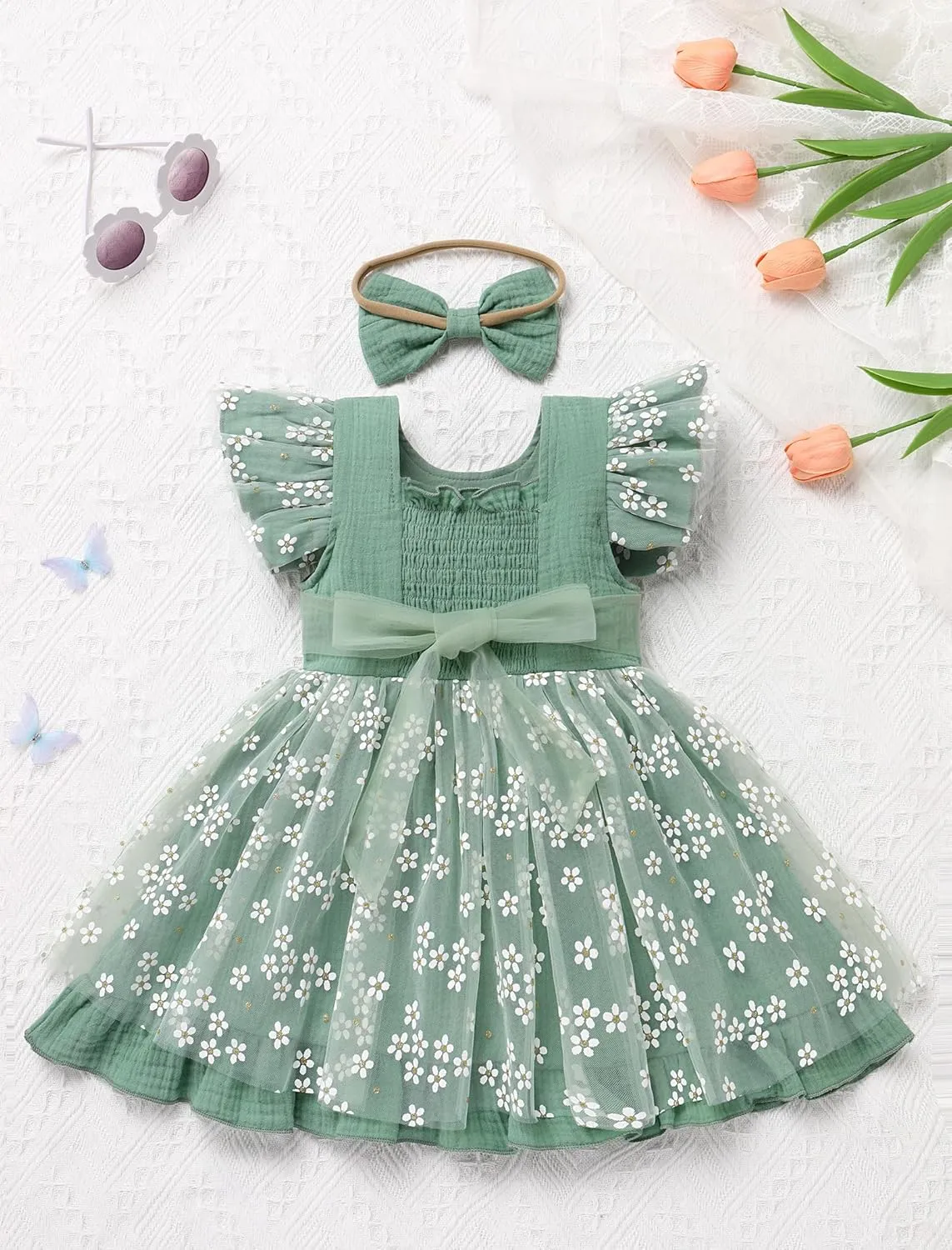 IMEKIS Baby Girls 1st Birthday Outfit Daisy Tulle Dress Headband Summer Ruffle Sleeve Cake Smash Photo Shoot