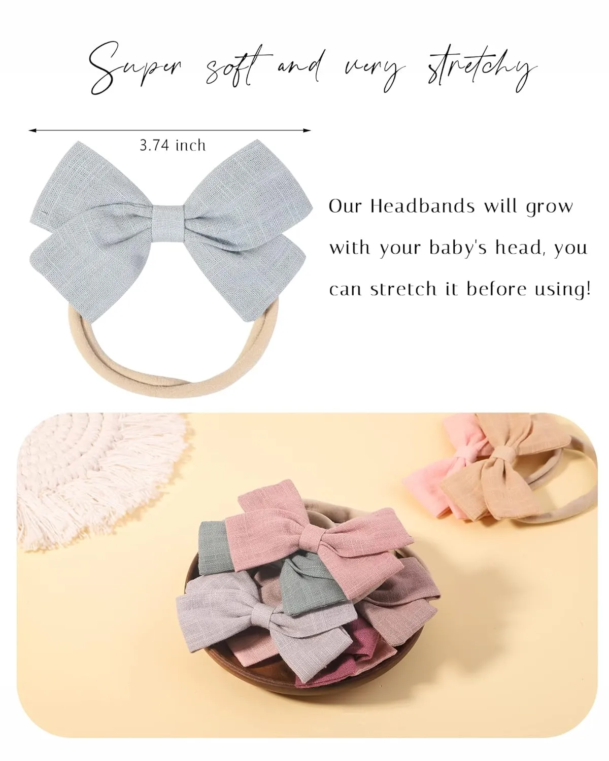 jollybows 30pcs Baby Girls Nylon Hair Bows Headbands Linen Bands Elastic Accessories for Kids Infants Newborn (3-30 PCS Solid Linen)