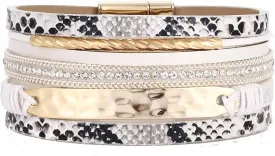 Leather Wrap Bracelet for Women Crystal Wide Cuff Bracelets Multi-Layer Leopard Bangles Wristbands for Girls