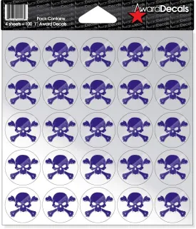 New Skull and Crossbone (Purple on Clear) Sticker Set 1" (100 Decals) The Original Award Decals Premium 20mil Thick Helmet Decals Made in The USA Since 1976