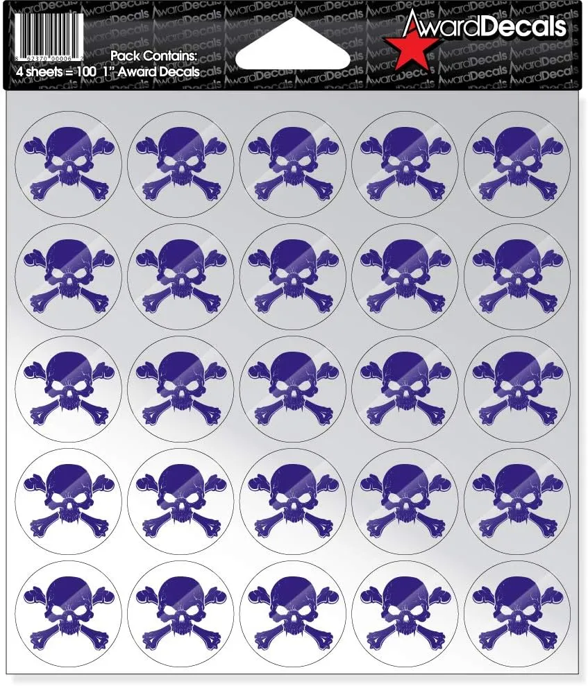 New Skull and Crossbone (Purple on Clear) Sticker Set 1" (100 Decals) The Original Award Decals Premium 20mil Thick Helmet Decals Made in The USA Since 1976
