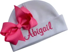 Personalized Embroidered Baby Girl Hat with Grosgrain Bow with Custom Name