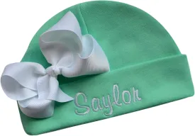Personalized Embroidered Baby Girl Hat with Grosgrain Bow with Custom Name