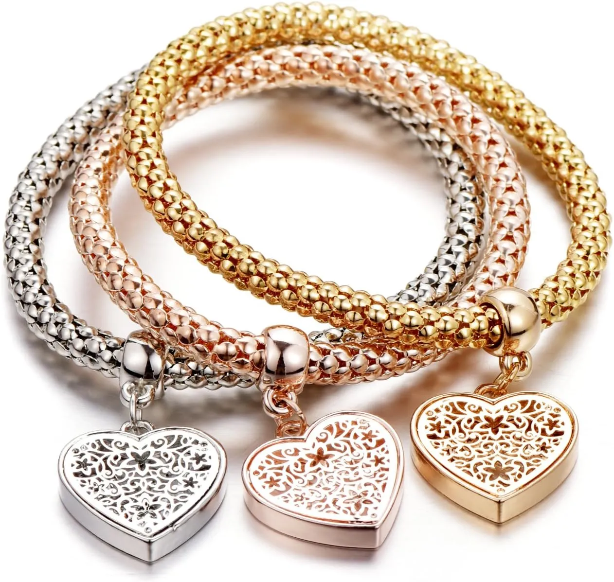 SILANER Crystal Charms Multilayer Bracelets - 3PCS Gold/Silver/Rose Gold Corn Chain Bracelet for Women, Tree of Life Heart Shaped Stretch Bracelet
