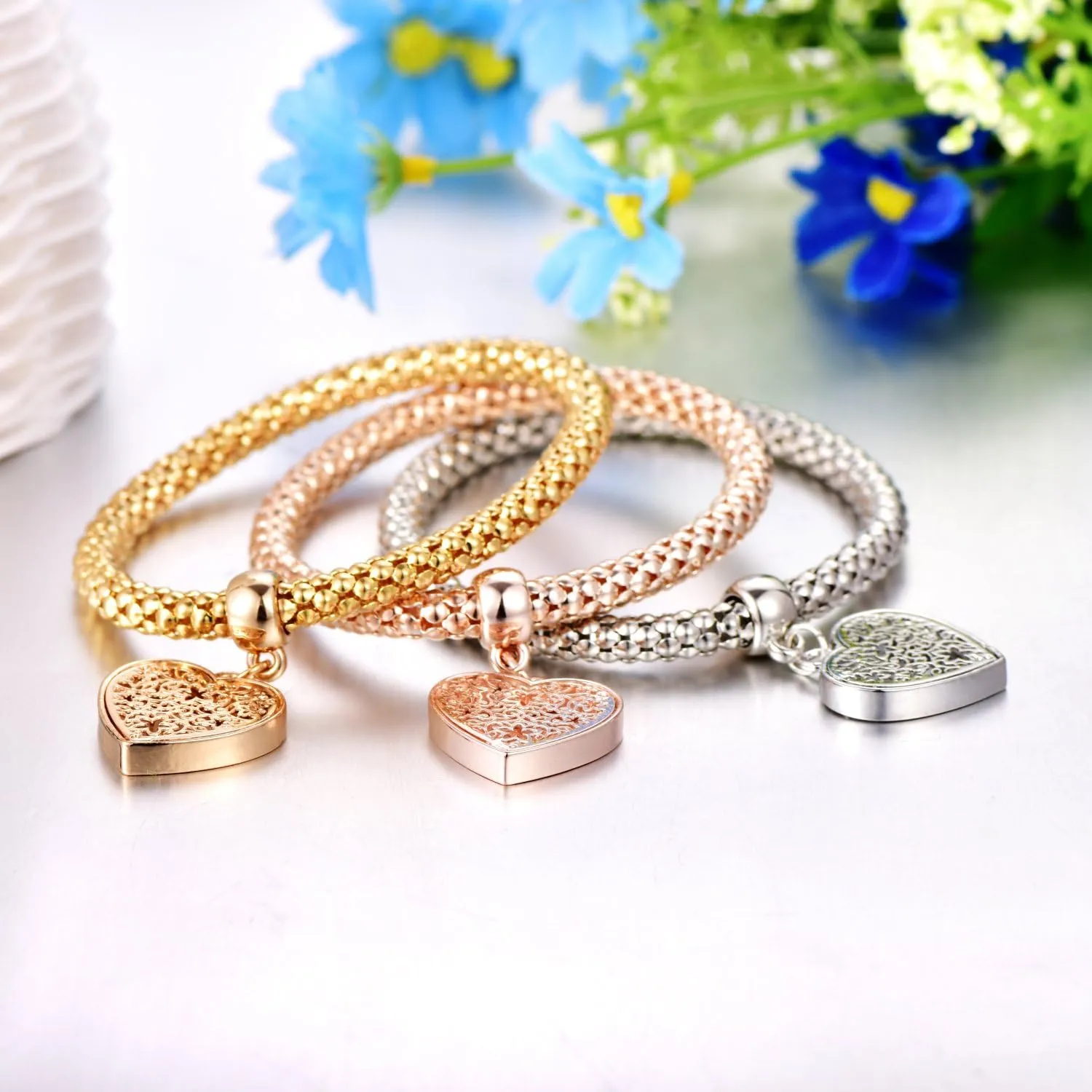SILANER Crystal Charms Multilayer Bracelets - 3PCS Gold/Silver/Rose Gold Corn Chain Bracelet for Women, Tree of Life Heart Shaped Stretch Bracelet