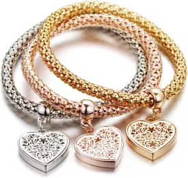 SILANER Crystal Charms Multilayer Bracelets - 3PCS Gold/Silver/Rose Gold Corn Chain Bracelet for Women, Tree of Life Heart Shaped Stretch Bracelet
