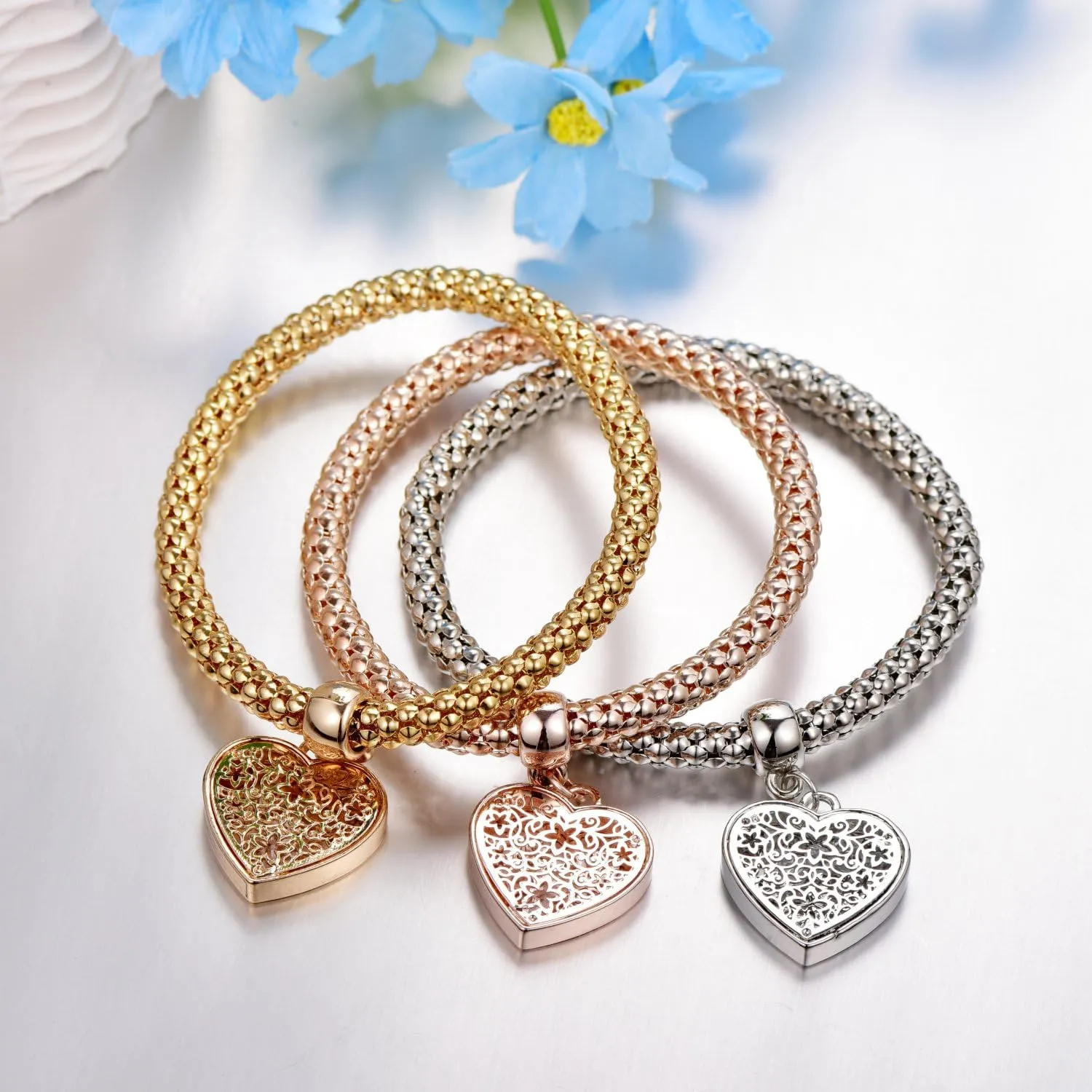 SILANER Crystal Charms Multilayer Bracelets - 3PCS Gold/Silver/Rose Gold Corn Chain Bracelet for Women, Tree of Life Heart Shaped Stretch Bracelet