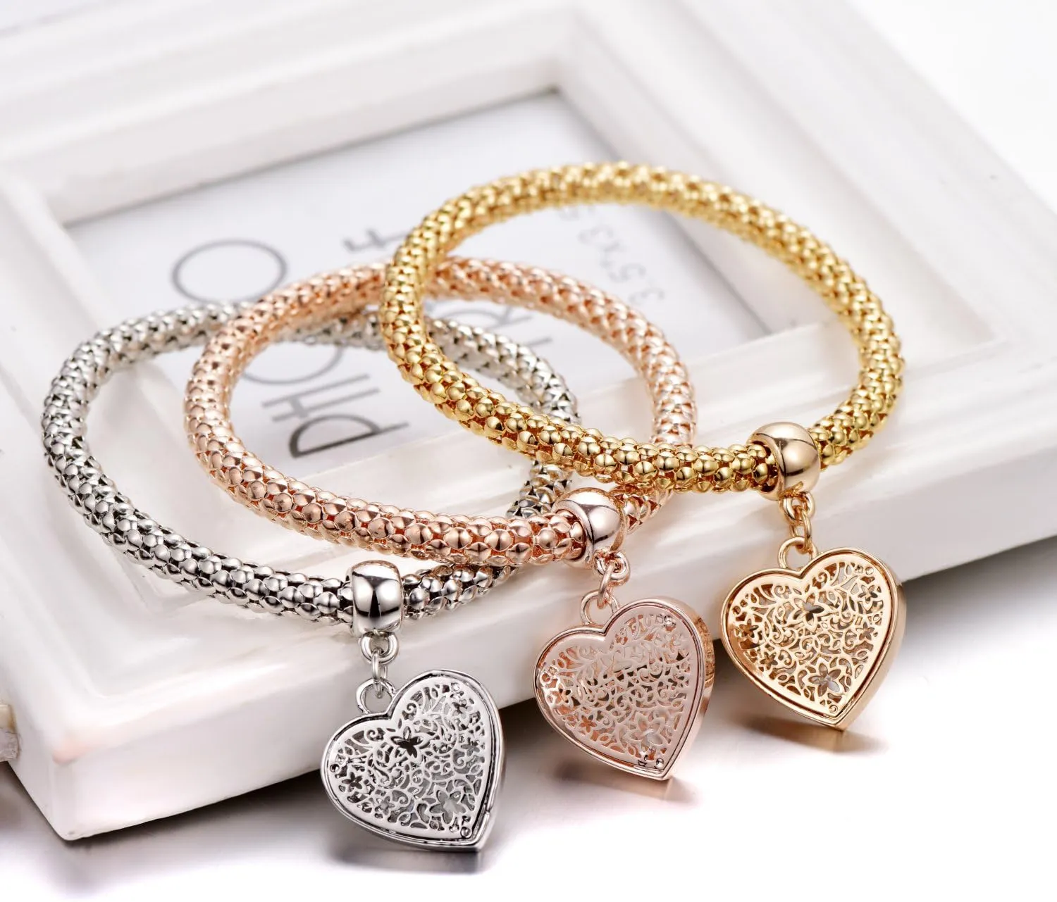 SILANER Crystal Charms Multilayer Bracelets - 3PCS Gold/Silver/Rose Gold Corn Chain Bracelet for Women, Tree of Life Heart Shaped Stretch Bracelet