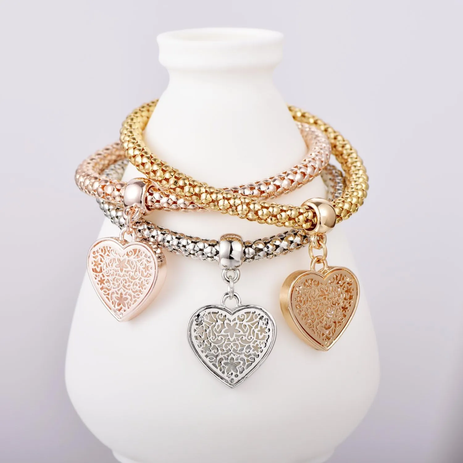 SILANER Crystal Charms Multilayer Bracelets - 3PCS Gold/Silver/Rose Gold Corn Chain Bracelet for Women, Tree of Life Heart Shaped Stretch Bracelet