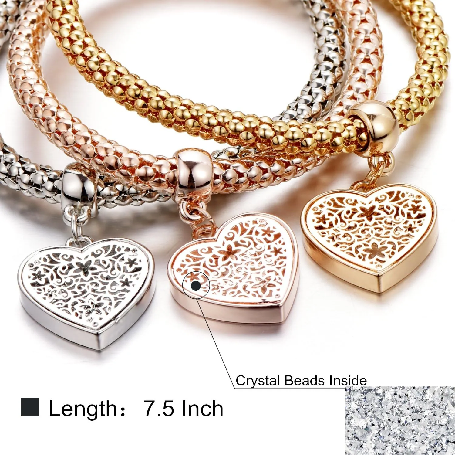 SILANER Crystal Charms Multilayer Bracelets - 3PCS Gold/Silver/Rose Gold Corn Chain Bracelet for Women, Tree of Life Heart Shaped Stretch Bracelet