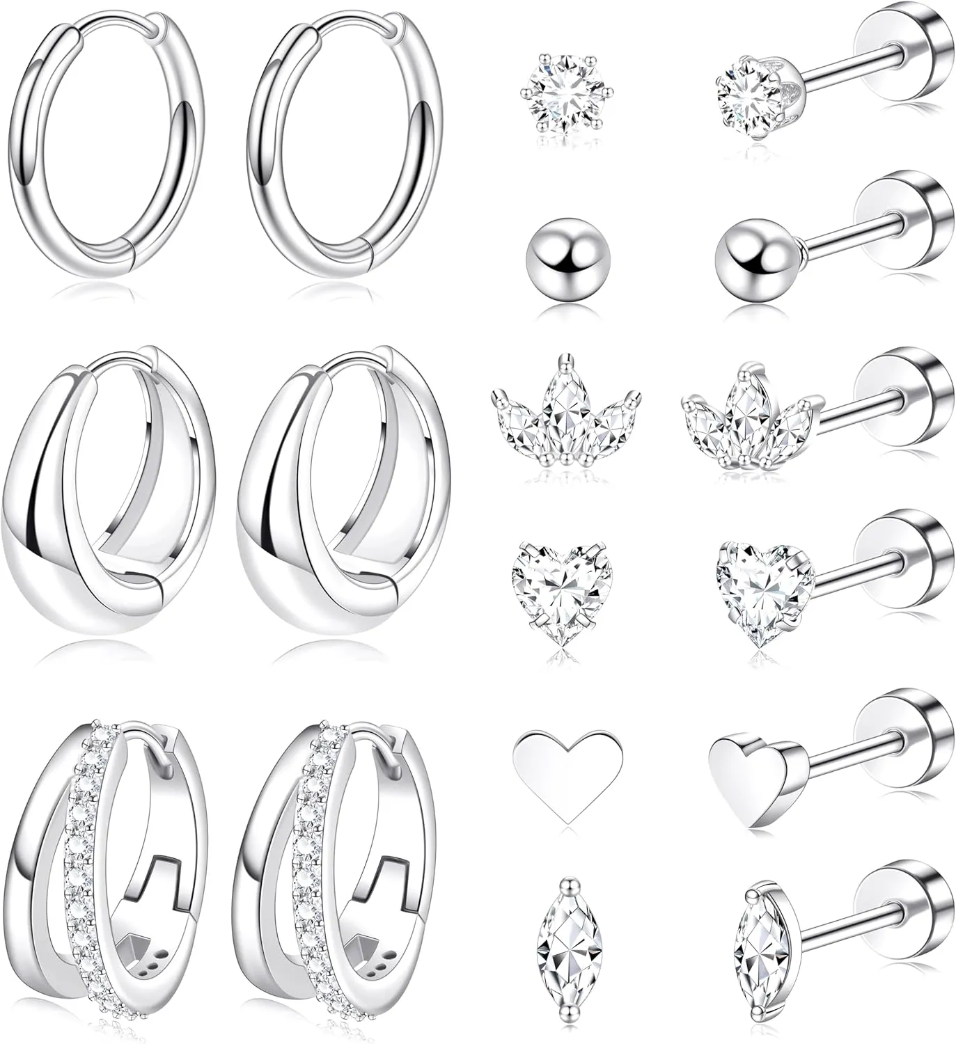 Silver Flat Back Stud Earrings for Women Hypoallergenic Surgical Stainless Steel Flatback Stud Earring Set b