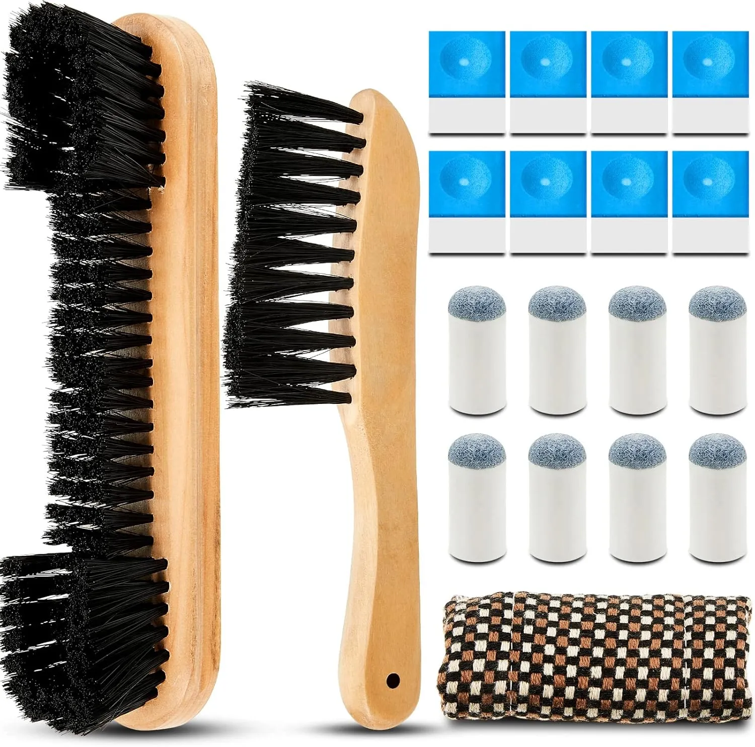 Skyley 19 Pcs Billiards Pool Table Rail Brush Cleaning Kit Pool Table Brush Set with Cue Chalk Cubes Cloth Slip on Cue Tip for Wooden Kit of Billiard Accessories