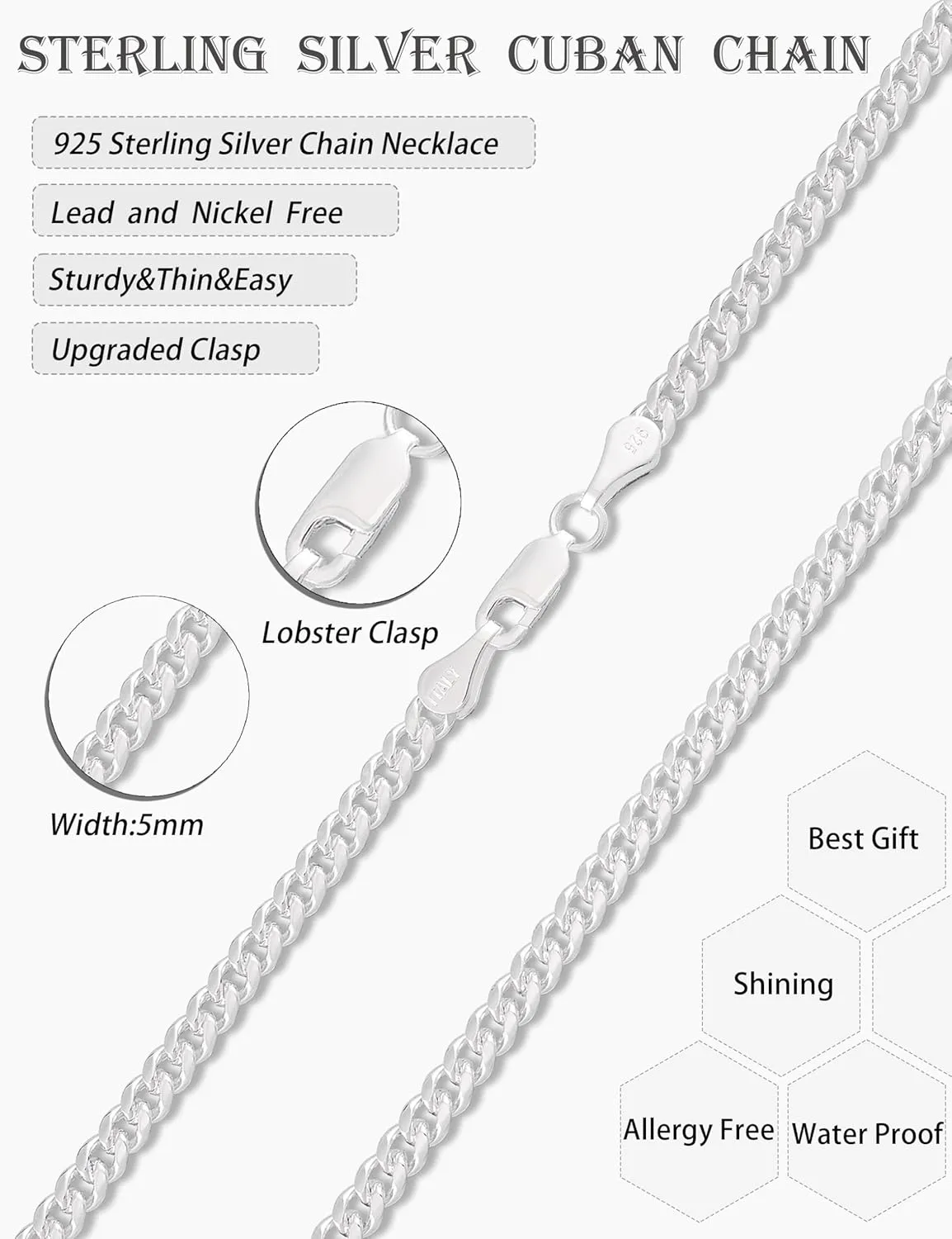 Solid 925 Sterling Silver 3.5/5/7/10mm Cuban Link Curb Chain Necklace for Men Women 925 Sterling Silver Chain 16-30 Inches Made in Italy